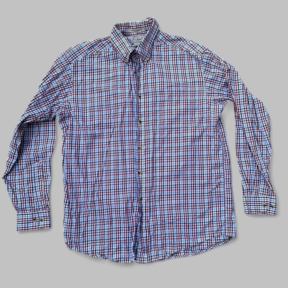 LL Bean Men's Wrinkle-Free button up shirt- Blue Red Plaid preppy Medium